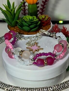 Pink Aurora Crystal And Glass Seed Bead Starburst Charm Bracelet